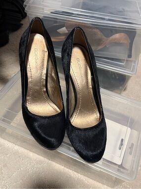 BCBGeneration Black Faux-Hair Round-Toe High Heels